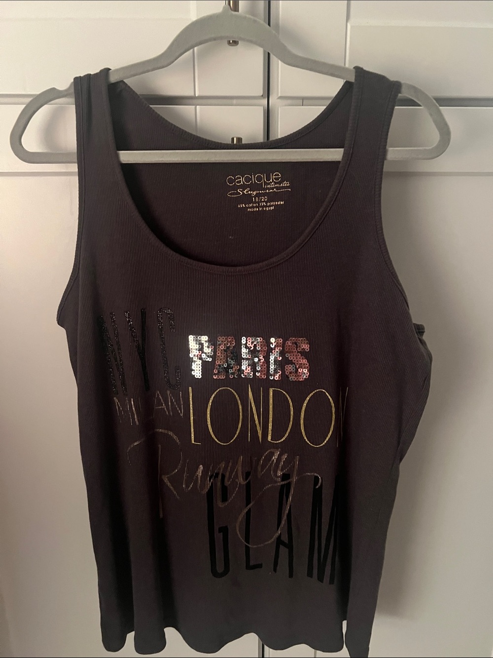 Cacique Black Sequin Graphic Tank Top with Gold Accents